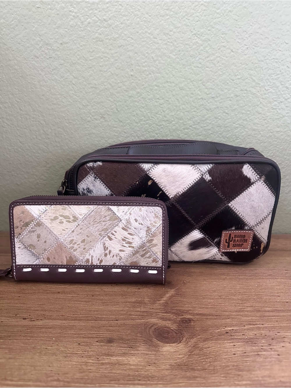 Boho Ranch Patchwork Cowhide toiletry bag & Wallet - Brown & White
